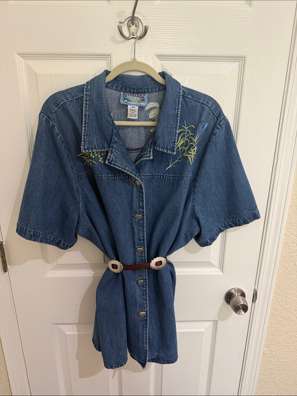 Vintage Riverchase Denim Midi Shirt with Embroidered Details